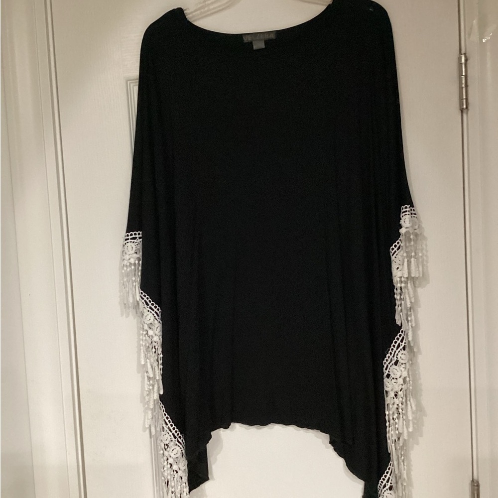 Black Poncho with White Fringe